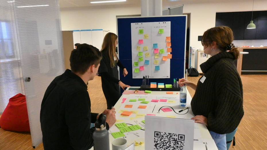 Group collaboratively working on a flip chart