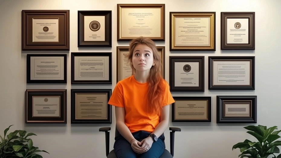 Frau sitzt vor Wand voller Urkunden, wirkt nachdenklich.