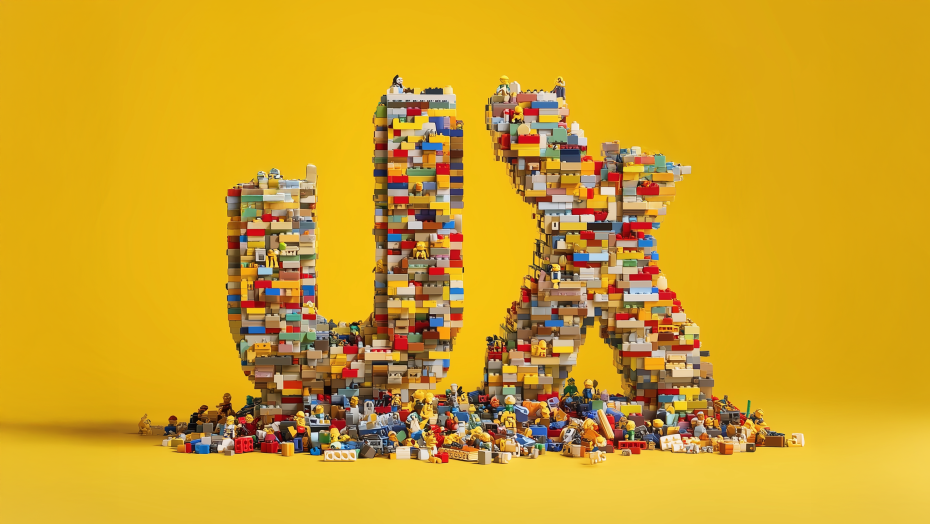 Große, aus bunten Klemmbausteinen gebaute Buchstaben ‚UX‘ stehen vor einem gelben Hintergrund. Um die Basis der Buchstaben herum befinden sich viele kleine Figuren und Bausteine, als würden sie gerade an den Buchstaben bauen oder sie zerlegen.