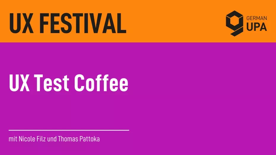 Sharepic mit Titel „UX Test Coffee“ und Namen zweier Vortragender.
