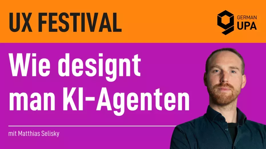 Mann neben Text „Wie designt man KI-Agenten“ beim UX Festiva