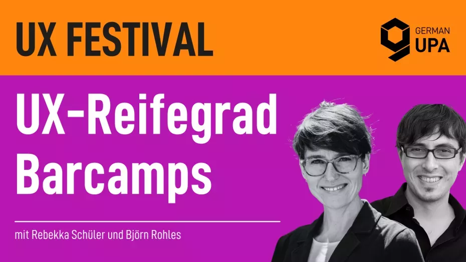 Zwei Personen mit Brille vor Text zu UX-Reifegrad Barcamps.