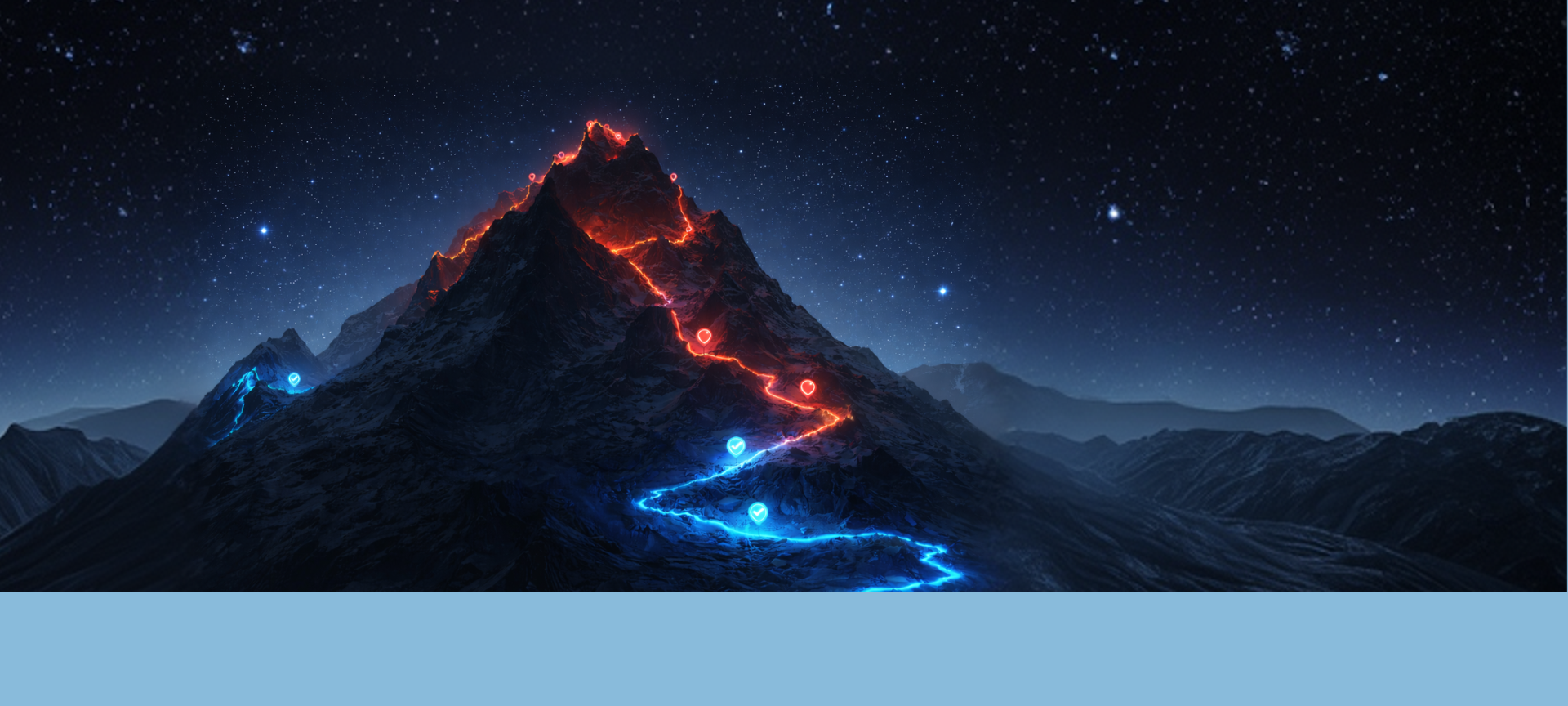 Nachtszene mit sternenübersätem Himmel über einem zentralen, schroffen Berg. Entlang der Flanken verlaufen zwei getrennte, leuchtende Pfade, die sich spiralförmig nach oben winden.