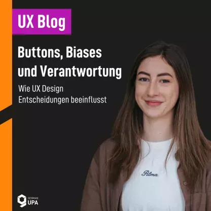 Titelbild zum UX Blog mit Frau und Text zu Design und Verantwortung.