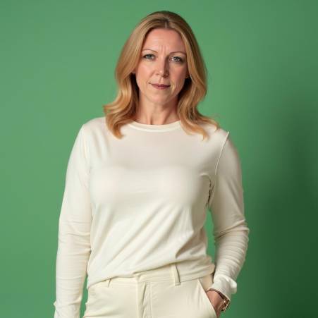 Jennifer Wernli hat schulterlange blonde Haare. Sie steht in heller Kleidung vor einem grünen Hintergrund.